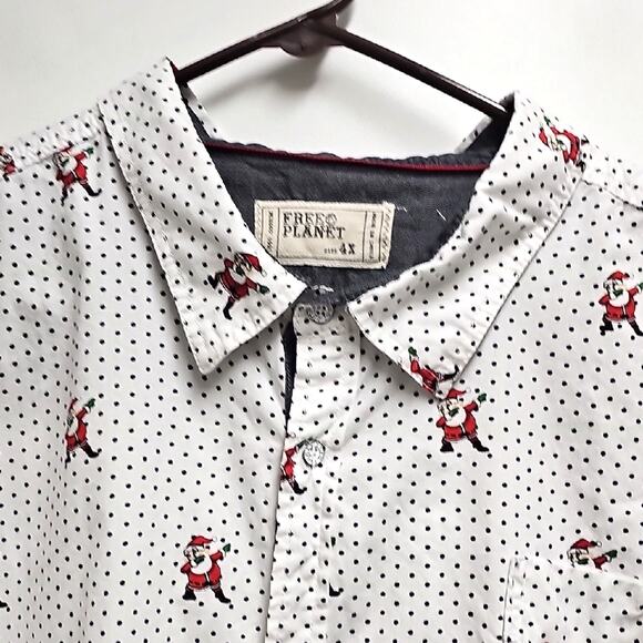 Free Planet Men's White Button Front Shirt with Dancing Santa Pattern Size 4X - Picture 7 of 7